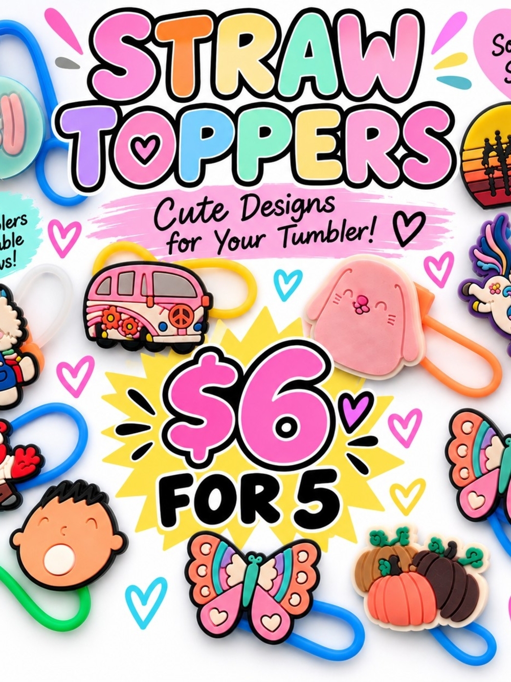 Straw Toppers Cute Pink & Multicolor Straw Toppers - Pack of 5